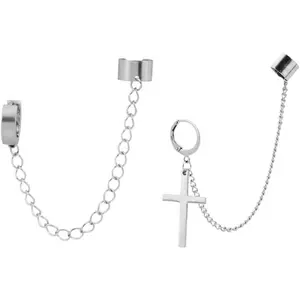Jemant Ear Cuff Clip With Dangle Drop Cross Chain Earrings Sillver Stainless Steel Punk Fashion Goth Cool Cross Chain Earrings Set Ear Clip Hoop Jewelry Christmas Gift For Men Women Bro Hushand Father
