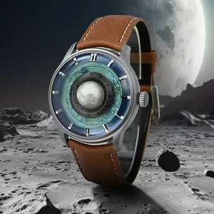 Men’s Exquisite Celestial Round Automatic Mechanical Watch - 3D Lunar Core Center Dial, Translucent Starry Orbit Layer, Radial Hour Marker Bezel, Premium Suede Leather Strap, Buckle, Self-Winding Automatic Mechanical Movement, Casual Astronomy Watch