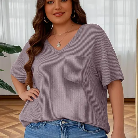 【Plus Size】 Basic Solid Color Pocket Tee, Casual Fitted Short Sleeve T-shirt for Summer, Women's Clothing for Casual Everyday Wear, Top, Elegant Plus Size Womenswear, Lady