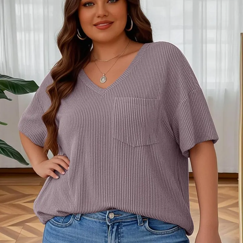 【Plus Size】 Basic Solid Color Pocket Tee, Casual Fitted Short Sleeve T-shirt for Summer, Women's Clothing for Casual Everyday Wear, Top, Elegant Plus Size Womenswear, Lady