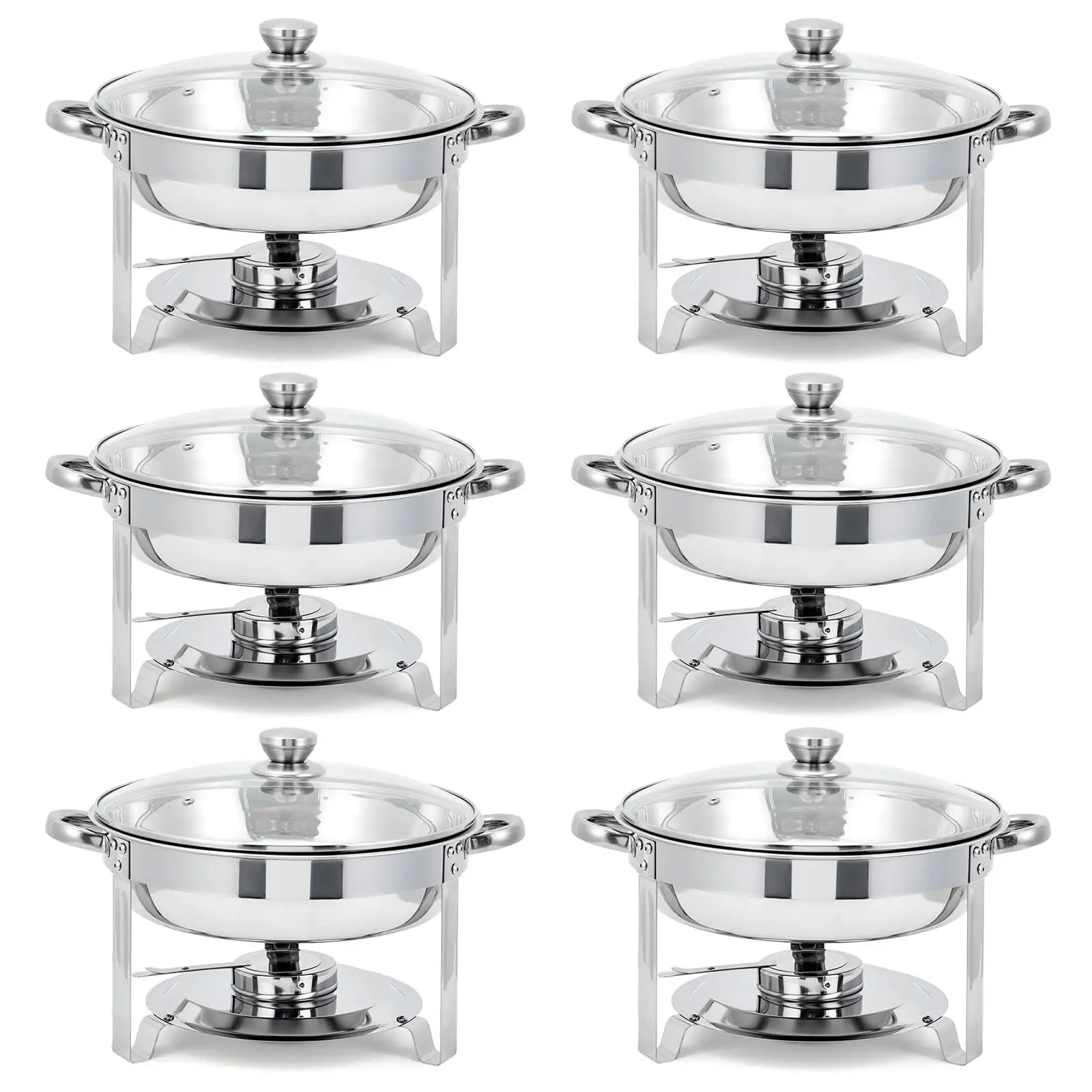 GARVEE 6-Pack 5QT Round Stainless Steel Chafing Dish Warmer Set - Buffet Set with Glass Lids, Fuel Holders, Food Pans - Ideal for Weddings, Parties