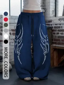 Gothic Pattern Print Casual Wide Leg Drawstring Pants, Comfortable Fitted Trousers for Women, Fashionable Daily Wear, All Seasons