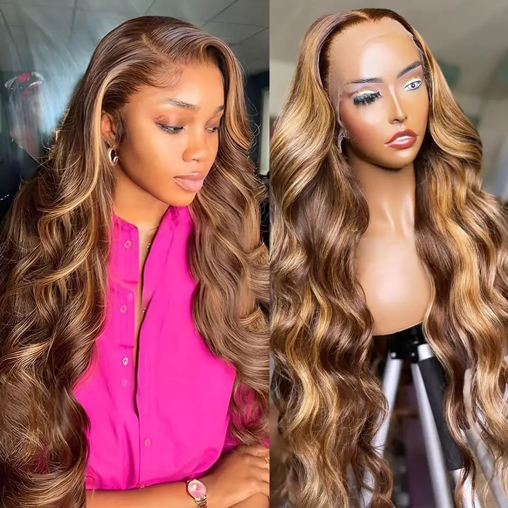 [250 Density] Anyweek Ombre Highlight 13x6 HD Lace Front Wigs Human Hair Pre Plucked 250 Density Glueless Body Wave Wigs Human Hair Pre Bleached Knots 4/27 Honey Blonde Lace Frontal Wigs