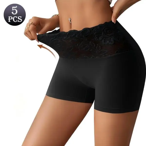 Women’s Boyshort Underwear 5-Pack, High-Rise Stretch Panties with Wide Floral Lace Waistband and Full-Back Coverage Black Brown