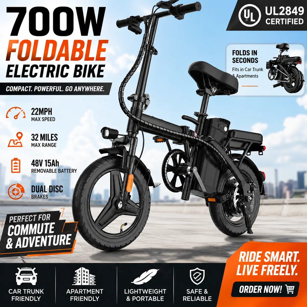 700W Foldable Electric Bike for Adults, 22MPH Top Speed & 32-Mile Range, 48V 15Ah Removable Battery, 14" Compact Frame, Dual Disc Brakes, UL2849 Certified