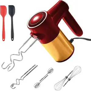 9-Speed 400W Powerful Red & Gold Electric Handheld Mixer for Baking Cake Egg Cream with Turbo Boost Digital Display 9 Speed Eject Button 6 Stainless Steel Accessories