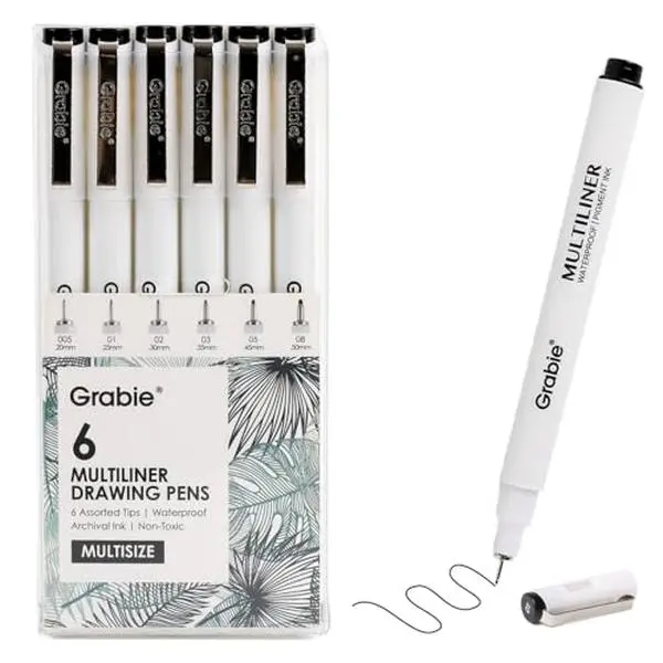 Grabie Micro Fineliner Pens, 6 Black Waterproof Drawing Pens | Waterproof Pigment Ink, 6 Assorted Tip Sizes, Precision Fine Lines, Metal-Clad Nibs, Smooth Ink Flow, Smudge Resistant