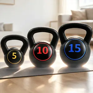3-Piece Kettlebell Weight Set, 5/10/15 lbs HDPE Concrete-Filled Kettlebells with Color-Coded Markings, Ergonomic Grip for Home Gym Strength Training summervibes