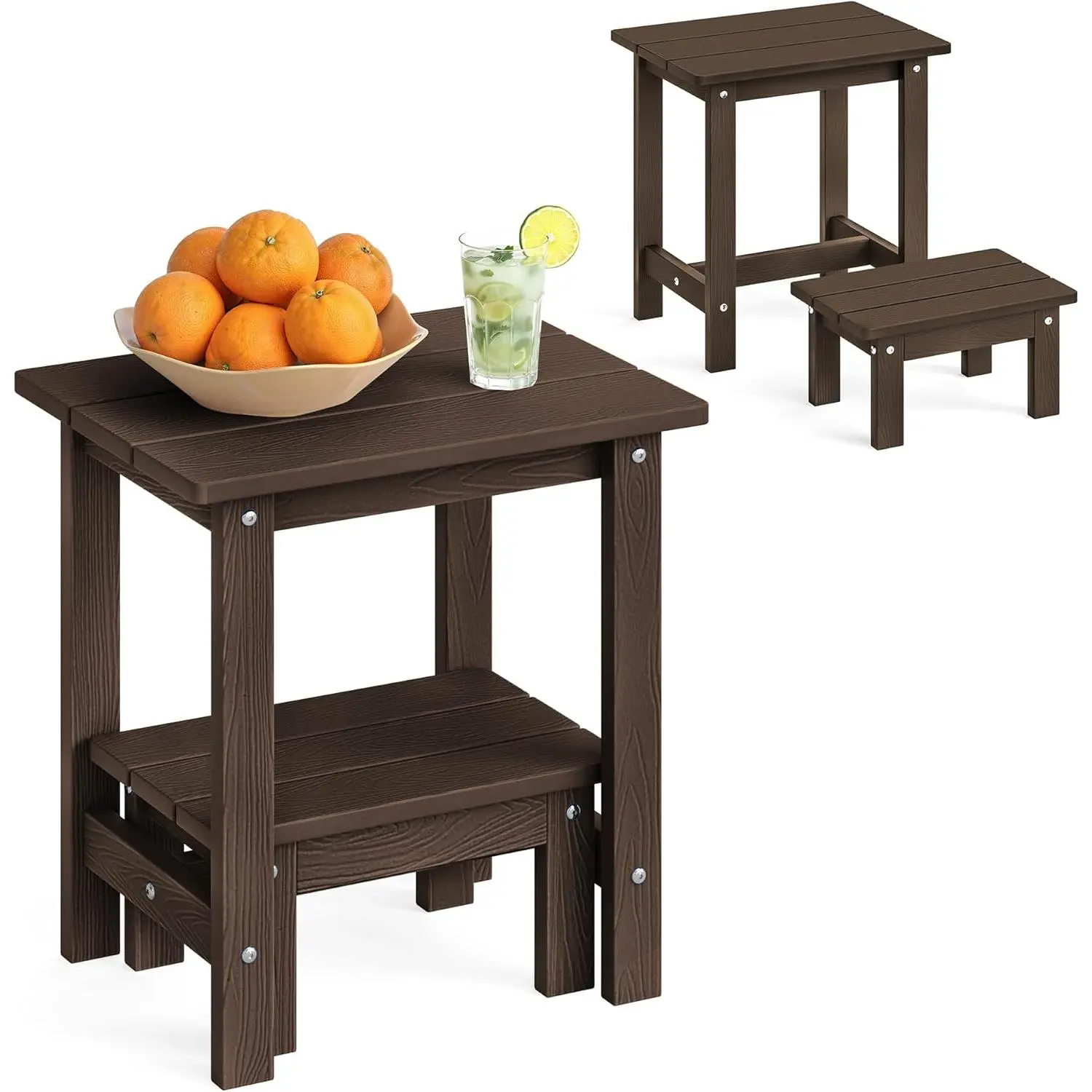 Outdoor Side Table, 2-Tier HDPS Outdoor Nesting End Table with Removable Small Foot Stool for Patio, Deck, Poolside, Low Maintenance & Weather Resistant,Dark Brown