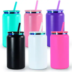 6 Pack Glass Cups with Lids and Straws Unbreakable 16 oz Stainless Steel Can Cup Double Wall Insulated  Can Tumbler for Iced Coffee, Juice, Soda, Matte-Colored