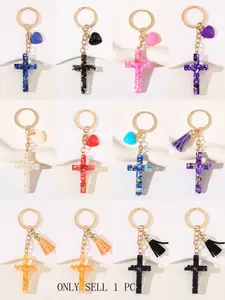 1pc/ Cross key ring chain accessory Fashionable New Resin Heart Cross key ring Pendant  Backpack and Wallet Charm Keyring Christian Key chain Catholic Easter Gift for Best Friend or Friend Small Gift
