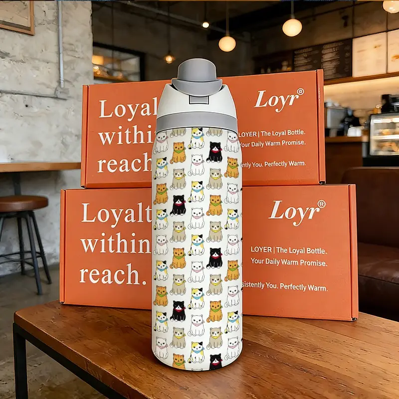 Loyr 32oz Dual-Drink Water Bottle, Cute Cat Pattern Large Capacity Insulated Cup, Thermal Flask, Stainless Steel Reusable Thermos Cup Sports Water Jug for Men Women