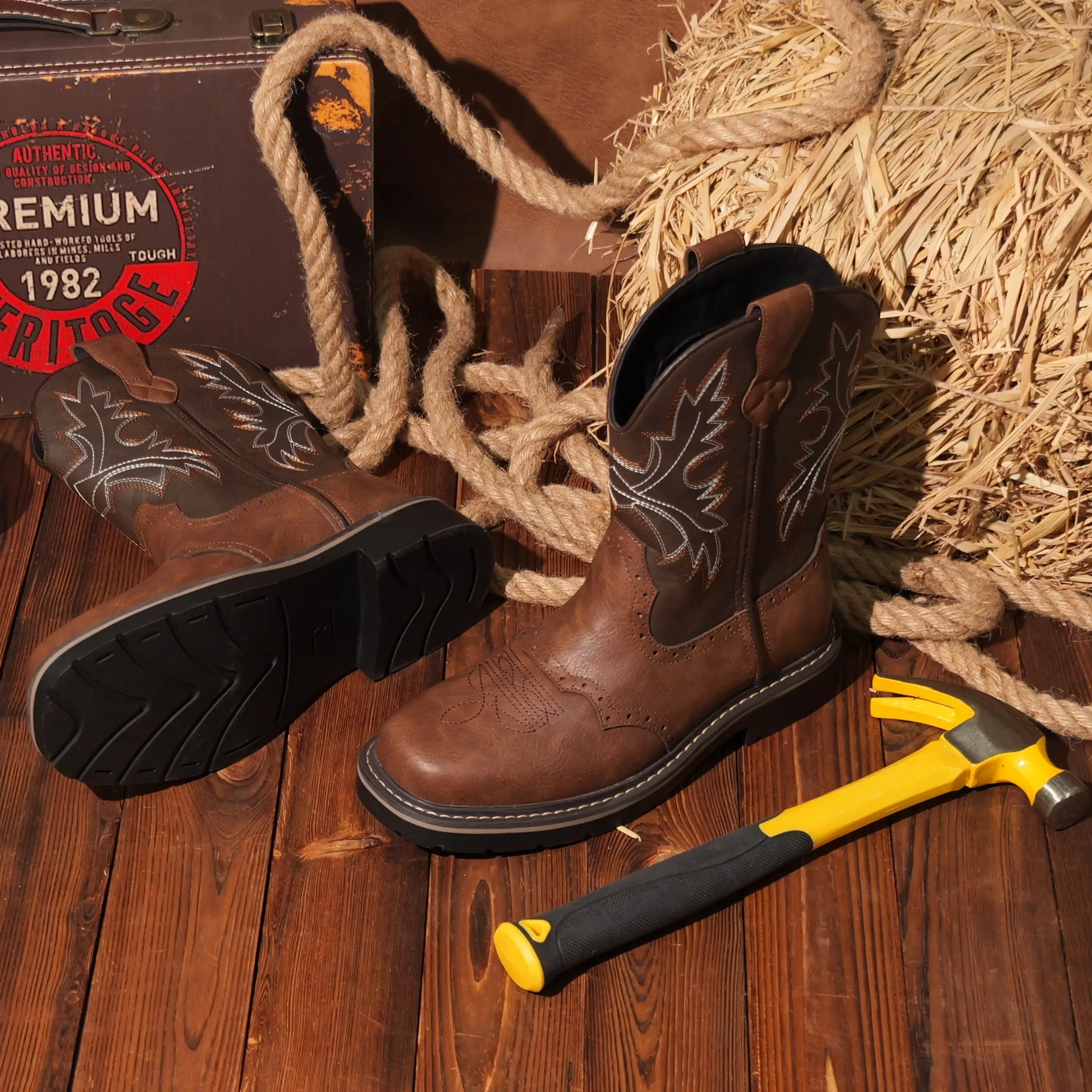 【Rodeo Boots】Men's Steel Toe Western Boots - Two-Tone Brown Embroidery Work Boots with Reinforced Steel Toe & Slip-Resistant Sole | Heavy-Duty Safety Footwear for Ranchers, Construction Workers & Outdoor Laborers