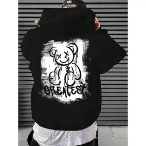 Homme White Knit Men_s Letter _ Bear Print Hooded Long Sleeve Sweatshirt, Comfort table, Oversize Hoodies, Unisex Sweatshirt,Trendy Graphic TShirt