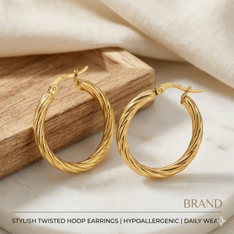 Women's 3Pcs Vintage Gold Twisted Hoop Earrings Set - Stainless Steel Chunky, Hypoallergenic, Fashionable Multi-Hoop Gold Metallic Jewelry, Mother's Day Gift for Females, Fashionable Hoop Earrings, Hypoallergenic Earrings Set Gold Plated Hoops