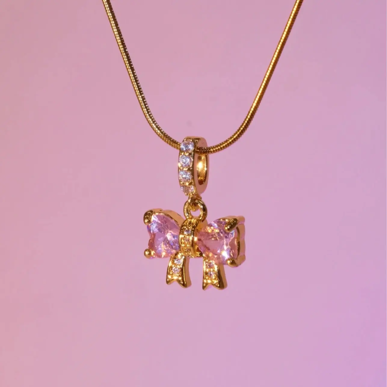 Maison Foufou Marvis Pink Bow Golden Necklace, 18K Gold Plated with Sparkling Zirconia, y2k Cute Pink Ribbon Design, Perfect for Layering & Everyday Wear, girlfriend gifts accessories