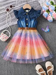 Girl's Denim-effect & Patchwork Belted Dress, Casual A Line Dress for Summer, Kids Clothes for Daily Wear, Collared Dress