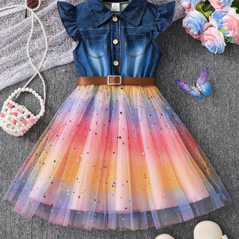 Girl's Denim-effect & Patchwork Belted Dress, Casual A Line Dress for Summer, Kids Clothes for Daily Wear, Collared Dress