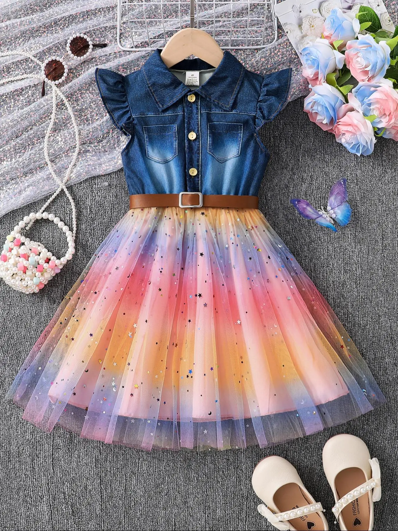 Girl's Denim-effect & Patchwork Belted Dress, Casual A Line Dress for Summer, Kids Clothes for Daily Wear