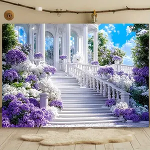 Floral Wedding Staircase Backdrop Purple White Backdrop Elegant Ceremony Background Cloth Wedding Tapestry Wall Hanging Photography Background Polyester Fiber Home Party Garden Studio Event Decor Prop Wall Art