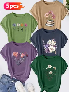 5Pcs Women's Crew Neck T-Shirts, Daisy & Watercolor Floral Print, Multiple Colors Available, Machine Washable, Spring & Summer Tops, Soft Skin-Friendly Fabric, Daily Versatile, Fashion Design