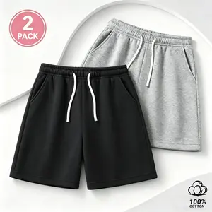 Men's 100% Cotton Short Sweatpants 2 Pack, Relaxed Straight Fit Dark Streetwear Basics, Matte Fabric Casual Shorts for Summer, Urban Everyday Wear, Comfortable Loose-Fit Sweatshorts with Elastic Waist and Drawstring, Suitable for Daily Outfits