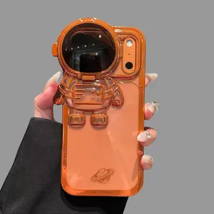 KusenCase Astronaut Design Transparent Phone Case for IP17promax IP16 15 14 13promax with Fun 3D Stand Feature & Bracket Housing Protective Casing Starlight Orange Shockproof Screen Protector Cellphone Smartphone