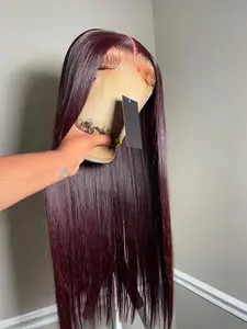 Glueless Burgundy Lace Closure Wigs Human Hair Wigs For Women 99J Straight Wigs 150% Density Red Colored Curly Human Hair Wig Pre Plucked 5x5 HD Transparent Lace Frontal Wigs