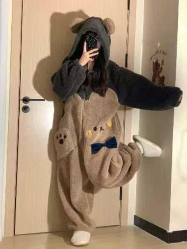 1pcs Women's Cute Cartoon Bear Hoodie Dress, Unicorn Design Winter Role Play Onesie, Christmas Party Casual and Pajamas