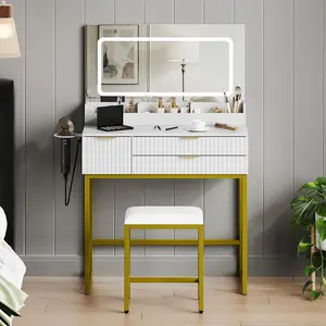 31.5" Illuminated Modern Stylish Adjustable Drawer-Style LED Makeup Vanity Desk, Indoor Furniture with 3-Color Lighting Modes, Built-in Power Outlet and 3 Storage Drawers for Bedroom, Stylish Makeup Vanities, Illuminated Makeup Vanities