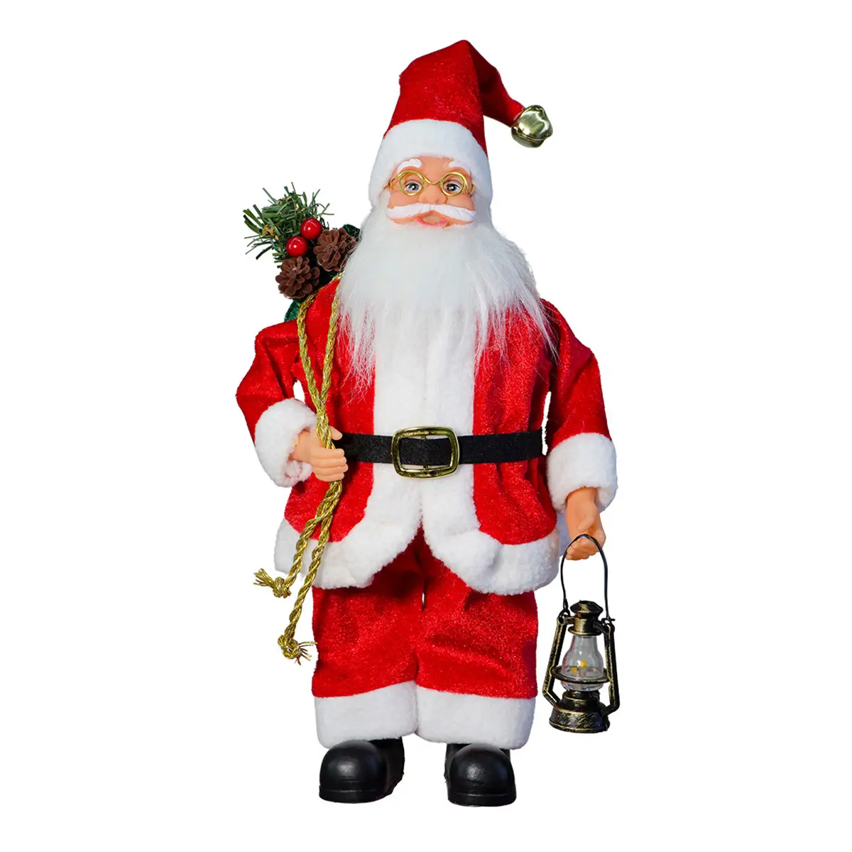 15.7in Velvet Santa Claus Figure with Bendable Hat Vintage Lantern Gift Bag Christmas Indoor Decor for Fireplace Table Party Holiday Home Ornament Gift