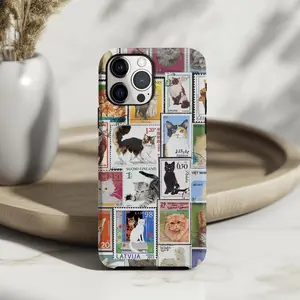 Vintage Cat Stamp Collage Phone Case: Retro Postal Whimsical for iPhone 17 Pro Max Phone Case 17 Air 16E 16 15 Plus 14 13 12 11 X XS Max XR 7 8 Plus Phone Cases Phone Cases Phone Cover Hard Case Tough 2-piece Phone Case