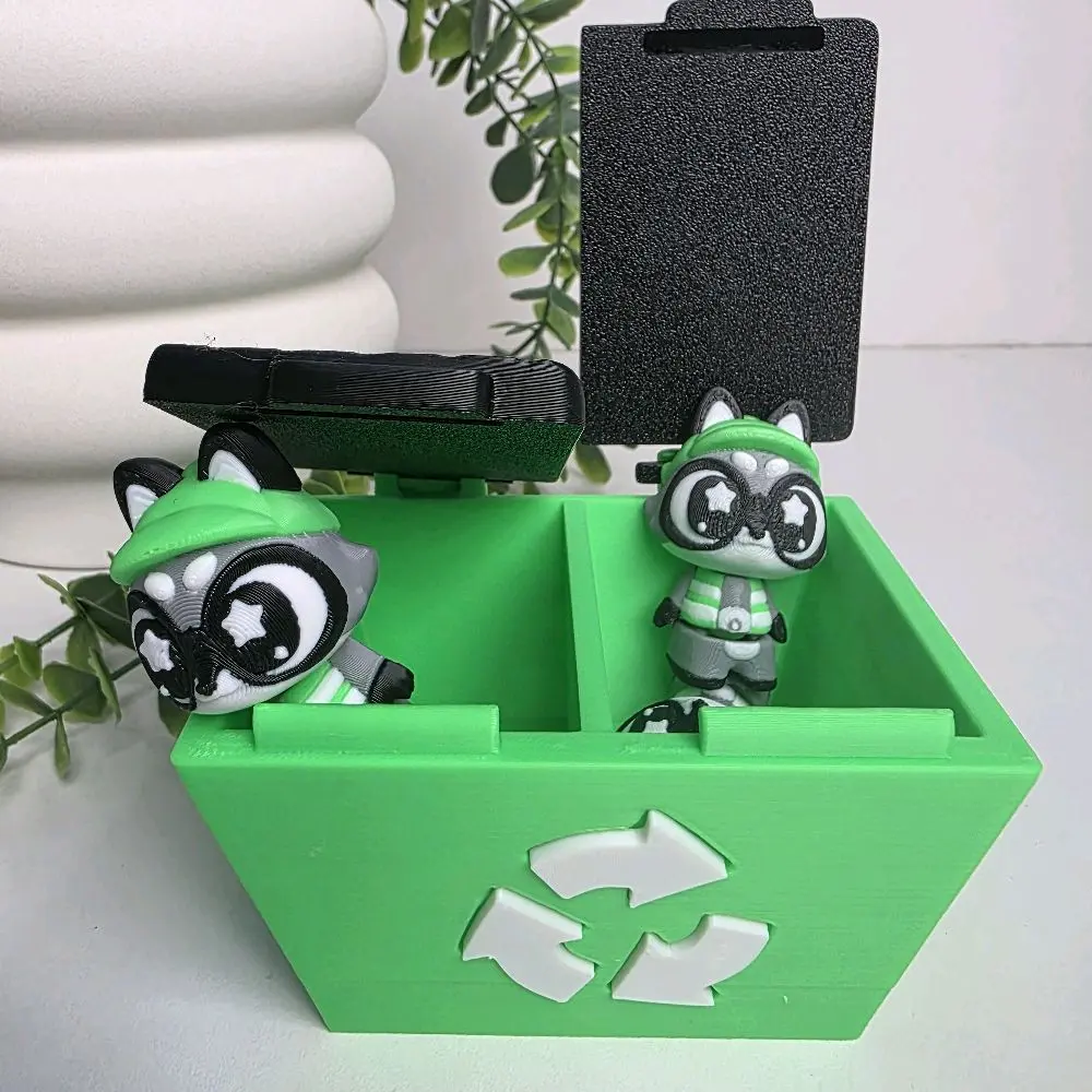Recycle Bin Dumpster with Raccoons Figurines - Green Storage Bin for Organizing and Displaying Decorative Items