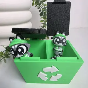 Recycle Bin Dumpster with Raccoons Figurines - Green Storage Bin for Organizing and Displaying Decorative Items