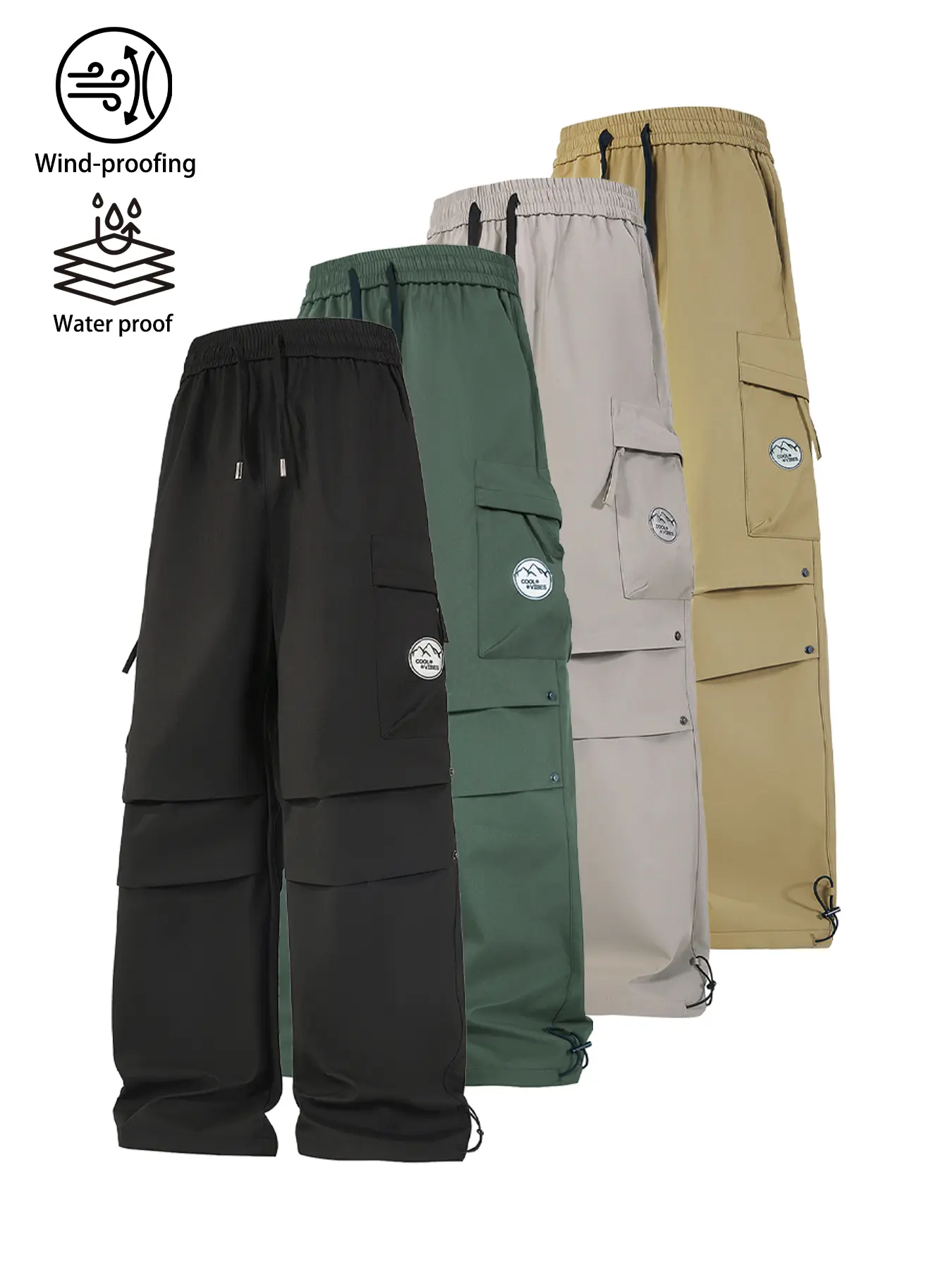 Waterproof Windproof Parachute Cargo Pants – Relaxed Wide Leg, Drawstring Waist, Adjustable Ankles for Hiking and Streetwear