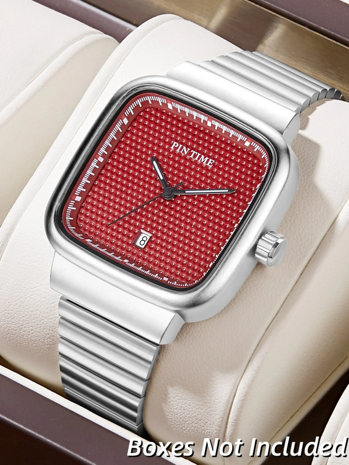 Vintage Casual Watch, Brushed Silver Color Square Case, Dial Calendar Design, Bamboo Steel Strap, Unique Non-Matching Watch