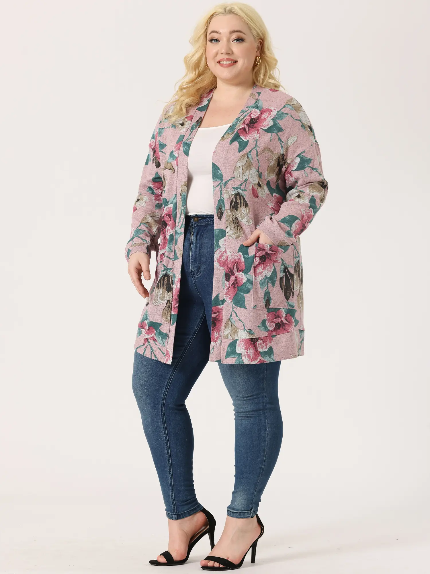 Agnes Orinda Plus Size Lightweight Floral Knit Cardigans with Pockets