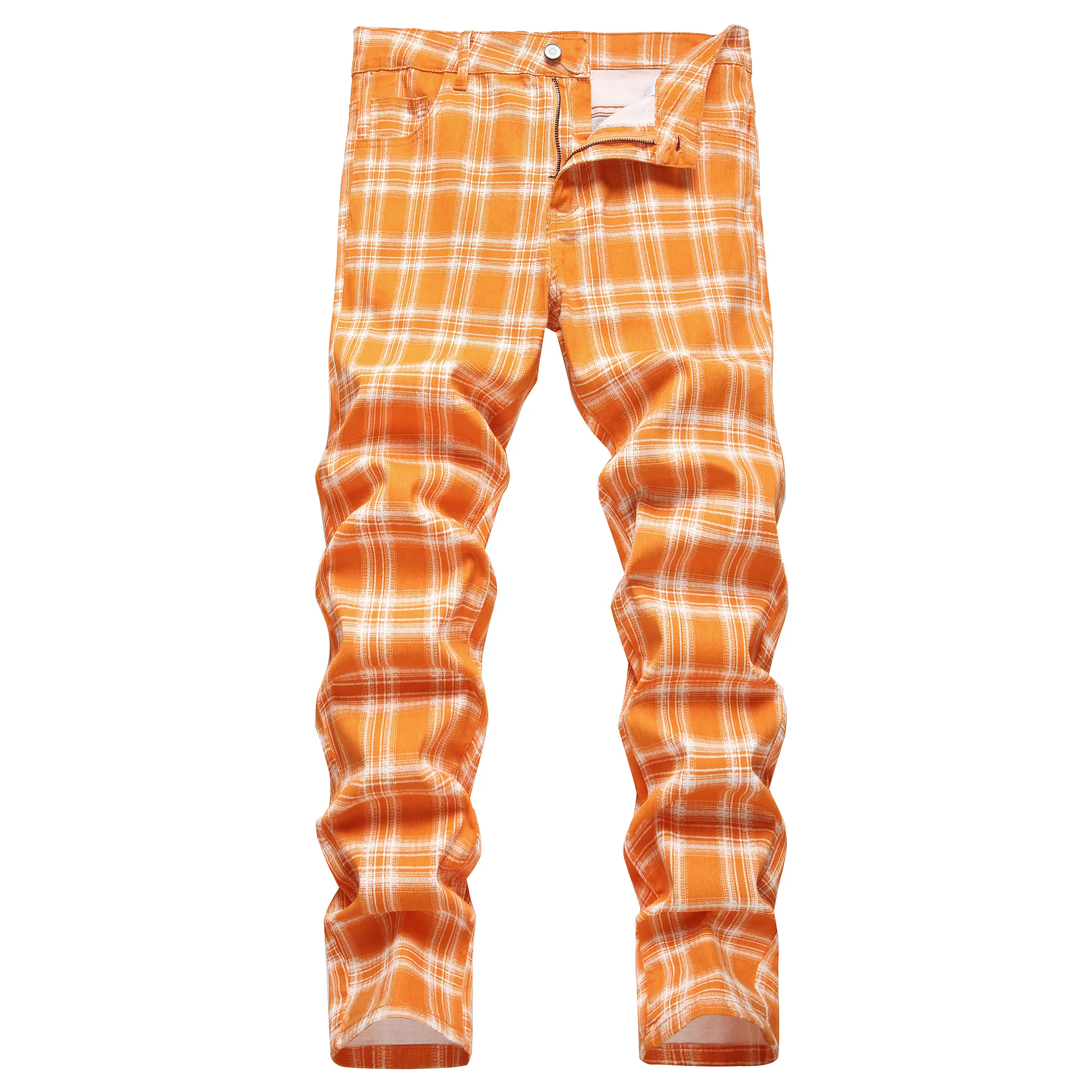 Men's Yellow Plaid Casual Long Pants Stretch Pants