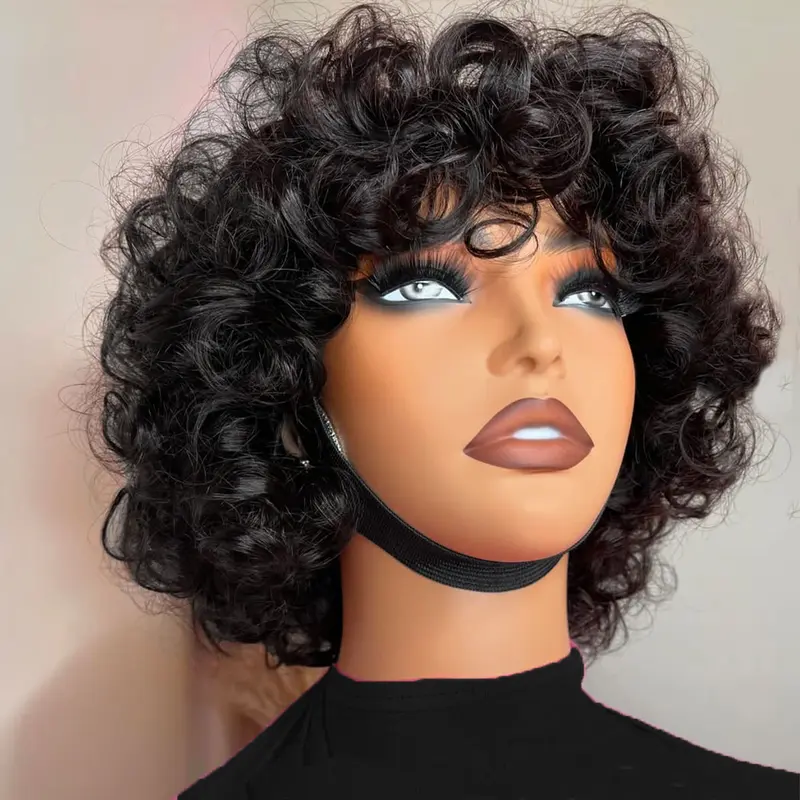 ShowRealHair Omotola Wig Curly Bob Wigs With Bangs Coco Bounce Bob Wig Short Curly Wigs  Human Hair for Black Women Glueless Funmi Curly Bob Human Hair Wig Natural Loose Wig  Bouncy Curl