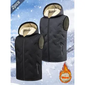2PCS men's winter Sherpa wool lined hooded vest, windproof and cold resistant sleeveless jacket, fully zippered closure, suitable for daily leisure outdoor activitiesRAIMENTRY