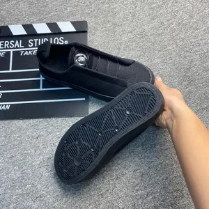 Large-size all-black linen casual board shoes with wide toe, BOA knob, one-step slip-on, unisex canvas shoes