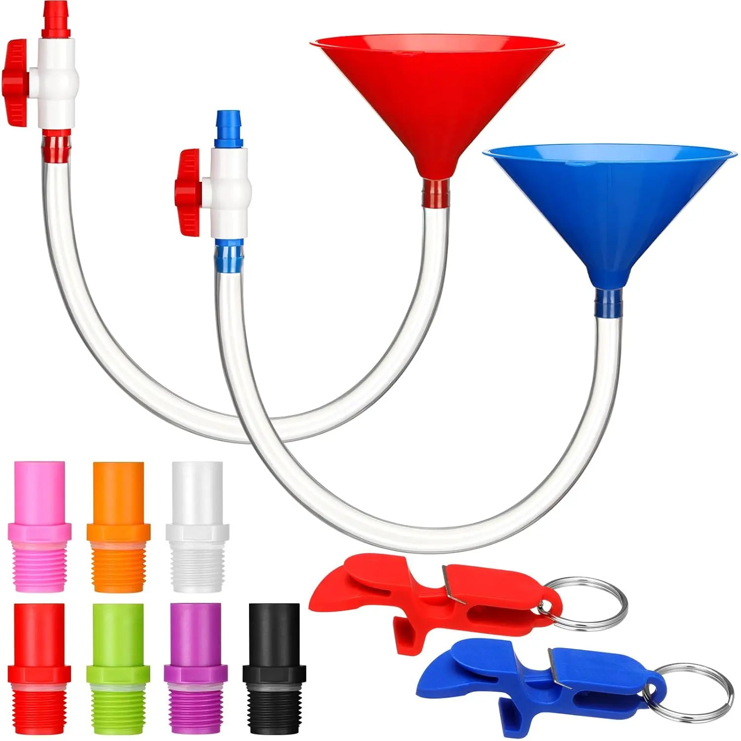 Reusable 2-Pack Glass Beer Bong Tube & Funnel Set with Valve, 8 Interchangeable Mouthpieces, 2 Shotgun Keychain Tools, Bendy Drinkware Accessories for Birthday, Wedding Parties