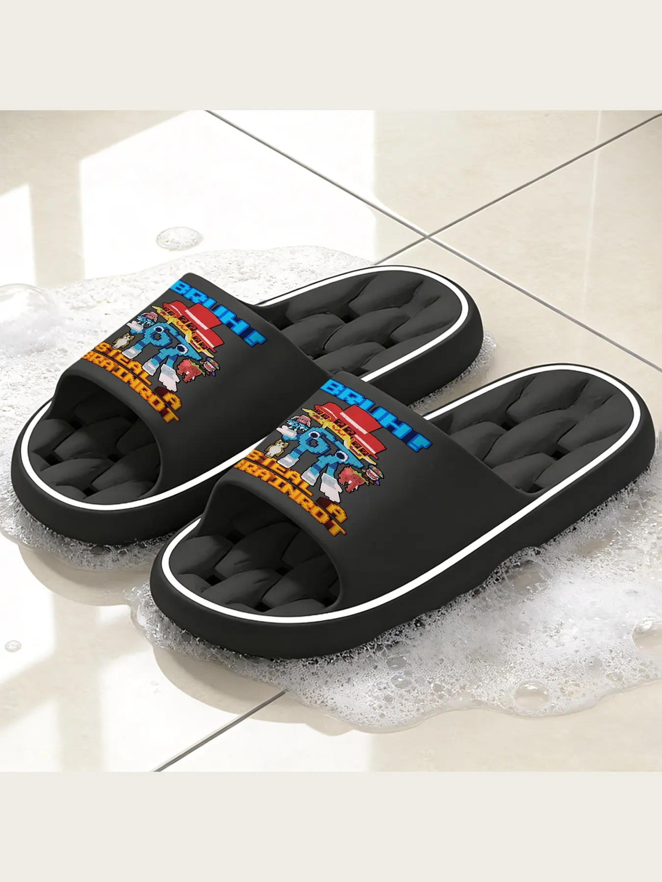 Funny Blocky Pixel Character Graphic Slippers, Casual Non-Slip House Slip On Slippers, Soft Cozy Lightweight Indoor Home Slippers, Unique Viral Meme Themed Footwear For Men Women, Comfortable Lounge Bedroom Slippers For Daily Wear