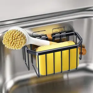 Sponge Holder For Kitchen Sink, Scrubbers, Soap, Dish Cloth Hanger, Rustproof, Highly Adhesive-Aluminum (Black)