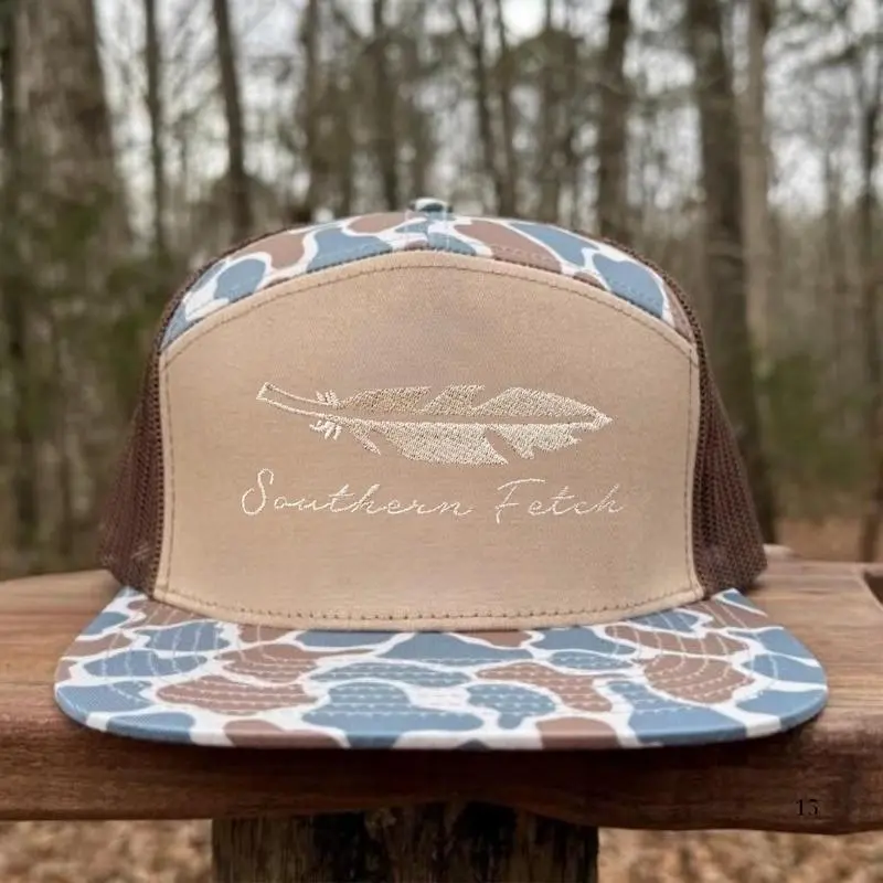 [BUY 2 FOR 1 PRICE] Southern Fetch Feather Embroidery 7 Panel Trucker Cap Flatbill Mesh Snapback Outdoor Angler Performance Camo Hat for Men and Women Bottomland Camo Black White Brown Unisex Fitted Cap