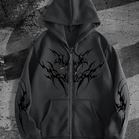 Y2K Gothic Dark Style Printed Zipper Hoodie, Fashion Streetwear for Casual Occasions, Fall & Winter New Arrival, Spooky Graphic Sweatshirt
