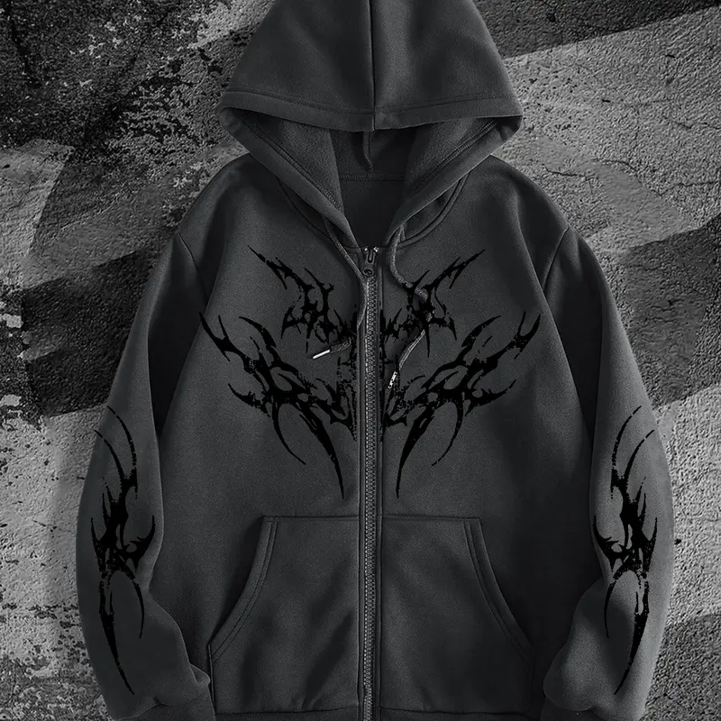 Y2K Gothic Dark Style Printed Zipper Hoodie, Fashion Streetwear for Casual Occasions, Fall & Winter New Arrival, Spooky Graphic Sweatshirt
