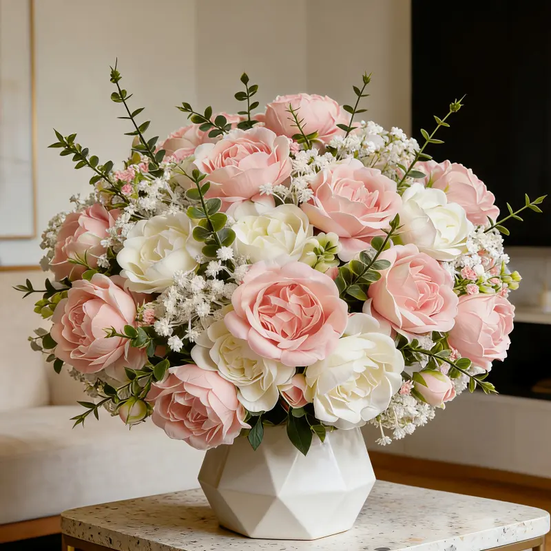 Mixed faux pink and white peony bouquet with baby's breath and eucalyptus, Decorative bouquet, Decorative artificial flowers, suitable for home decoration, holiday decoration, photography props, wedding decoration