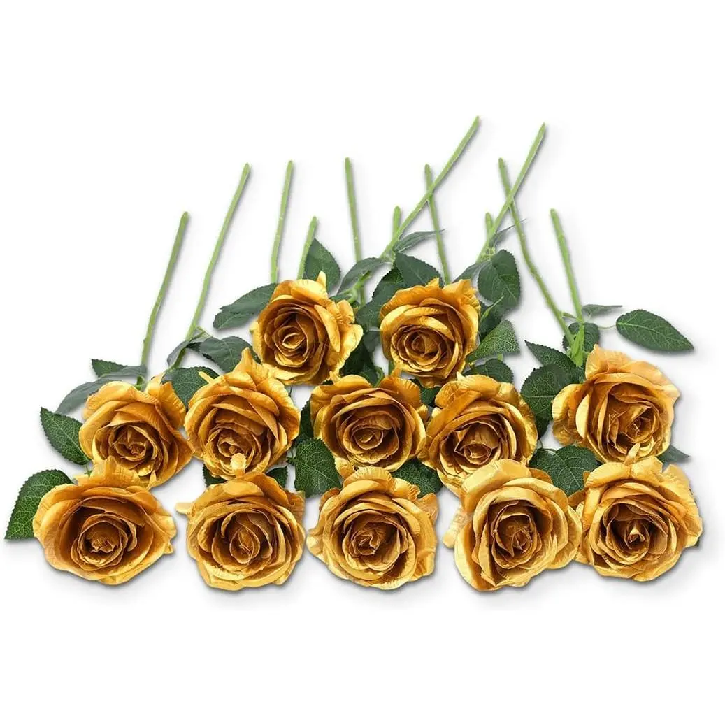 Decorative Floral 12-Pack 21-Inch Long-Stem Roses, Silk+Plastic with Bendable Stems, Organic Glass Real Touch Ivory Ornaments, Home Table Centerpiece Bouquet for Casual/Business Use (Colorful Accents Included)