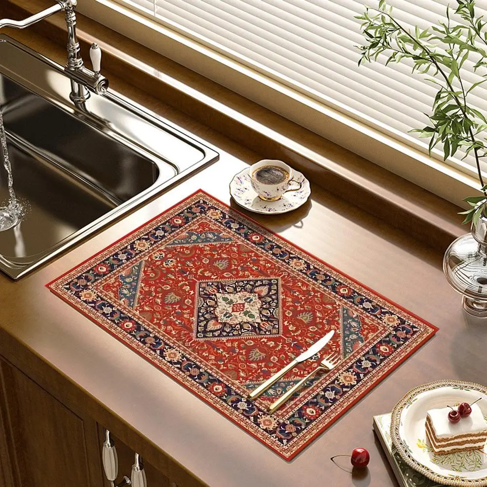 Kitchen Dish Drying Mat, 1 Count Bohemian Style Non-slip Dish Drying Mat, Simple Draining Mat, Table Decoration for Home Kitchen